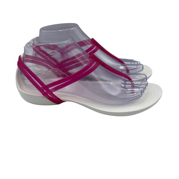 Crocs Shoes - Crocs Isabella T-Strap Thong Sandals White Pink Comfort Slip On Womens 7